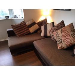 Large 3 piece corner sofa suite with footstool and cushions