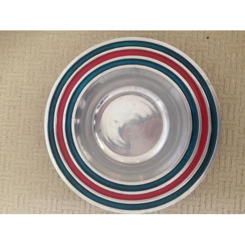 Beautiful fruit bowl. Unique silver with blue & red design