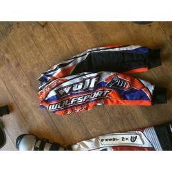 Motorcross Body armour x2, shin/knee guards x2, trousers x2 (small adult and kids)