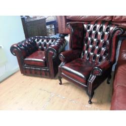 Lovely 2 piece set ox blood leather high back chair and club chair chesterfield. new condition
