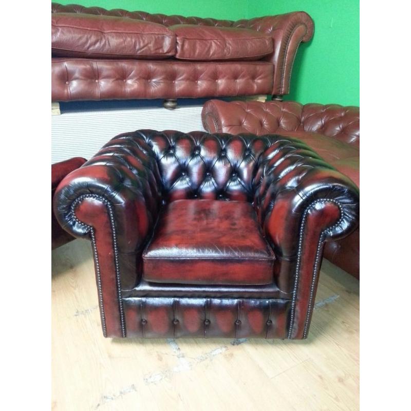 Lovely 2 piece set ox blood leather high back chair and club chair chesterfield. new condition