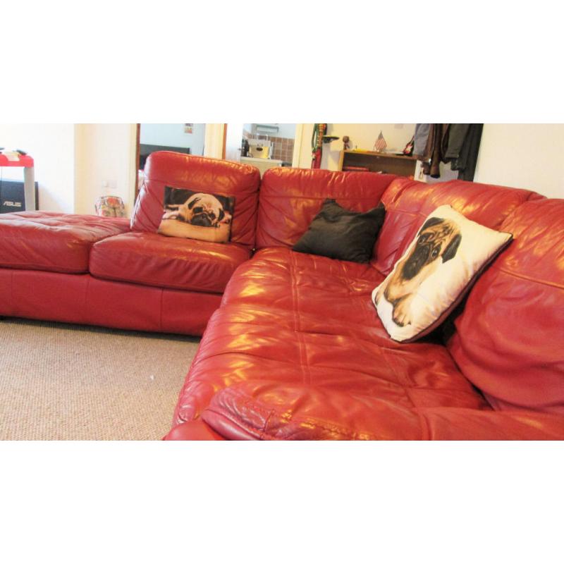 Red Leather Corner Sofa - Used Good Condition