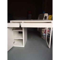 Computer desk white with cupboard and 2 drawers