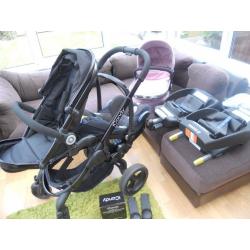icandy peach pram, carrycot, carseat, 2 isofix bases, all adaptors and raincovers-superb condition