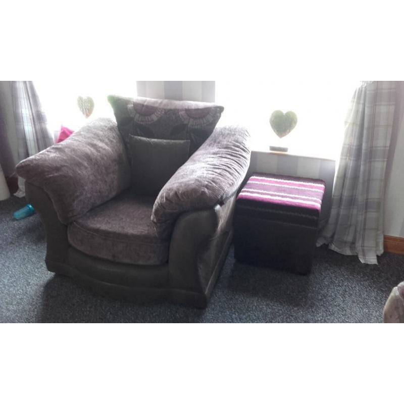 Bueatiful curved sofa + cuddle chair that swivels and rocks + snuggle chair and footstool