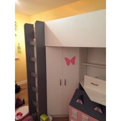 High sleeper bed with desk and wardrobe