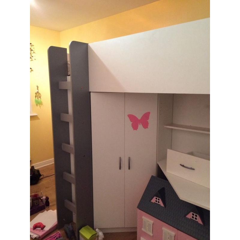 High sleeper bed with desk and wardrobe