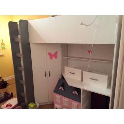 High sleeper bed with desk and wardrobe