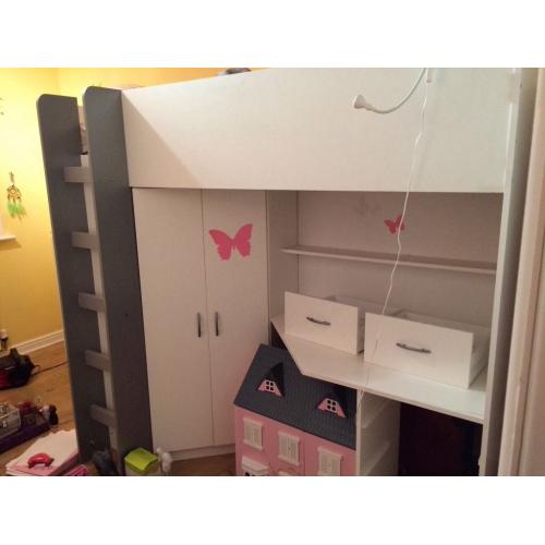 High sleeper bed with desk and wardrobe