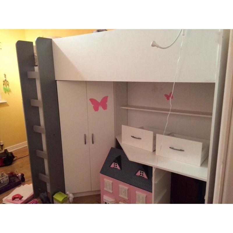 High sleeper bed with desk and wardrobe