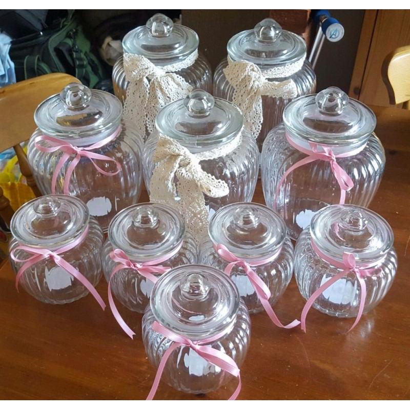 Glass sweetie jars scoops and bags