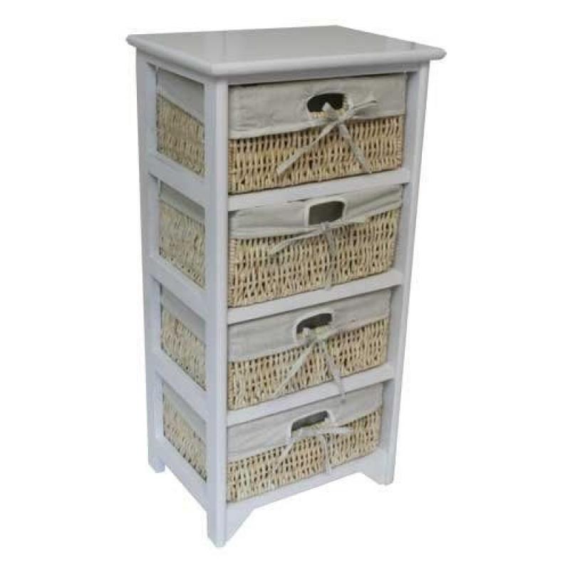 JVL 4-Drawer Wood Wicker Maize Storage baskets Cabinet - White
