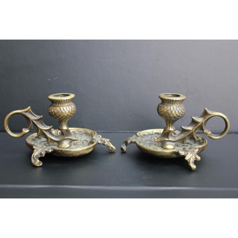 Pair of Vintage Solid Brass Candle Holders Thistle Design Ornate Scottish Unusual Candle Stick