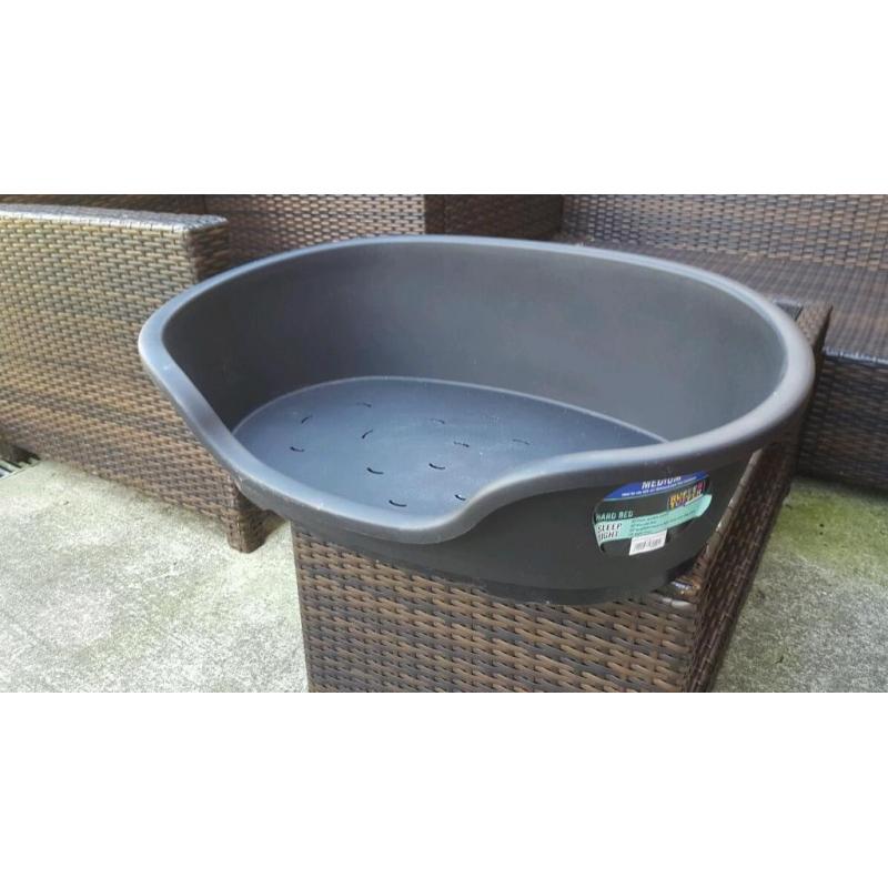 hard dog bed in black and food container