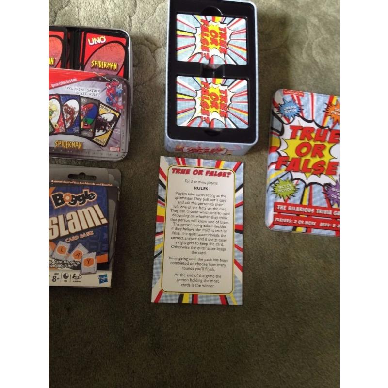Spiderman Uno, True or False and Boggle slam games