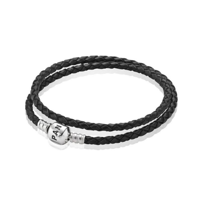 pandora double strap black leather bracelet brand new in box