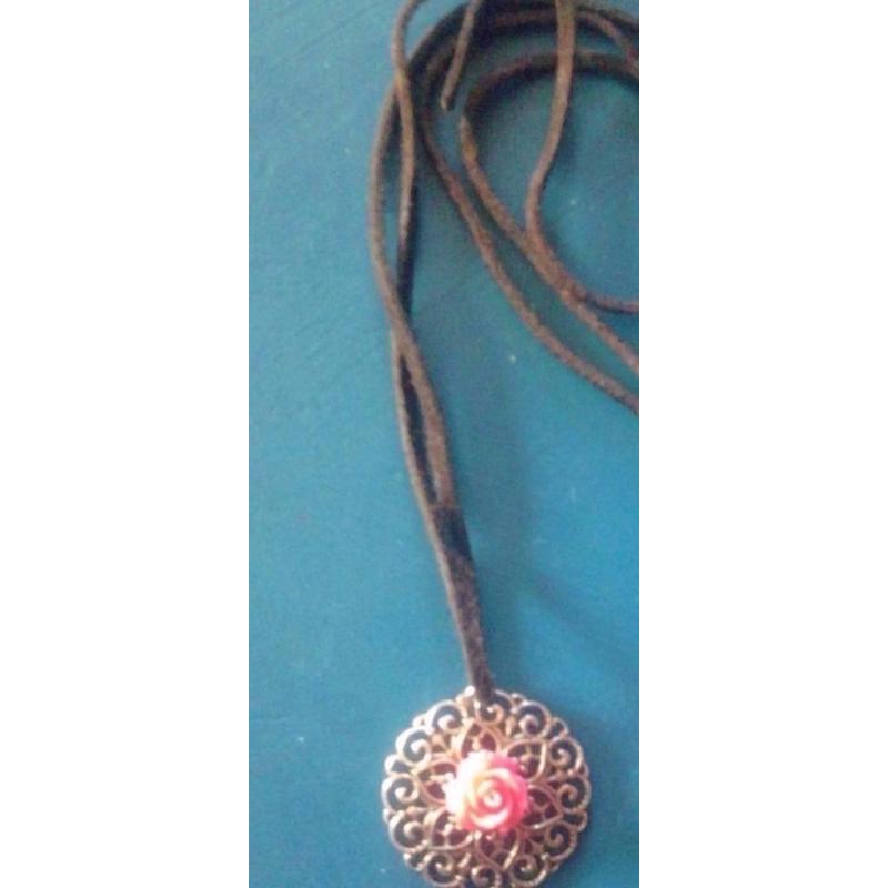 Ladies Rose Pendant on Brown Faux Suede Necklace.BUY ONE GET ONE FREE!