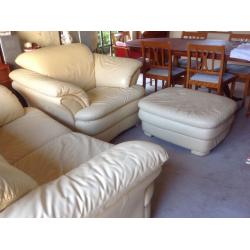 Leather Two Seater Sofa, Armchair and Footstool in pale yellow