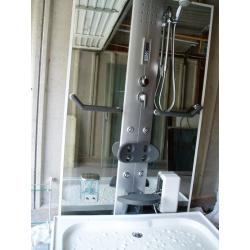 Shower cubicle enclosure with seat, LED lights, radio, shelves, safety grab rails