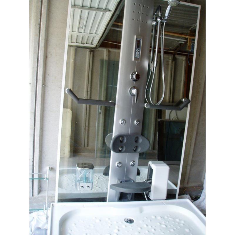 Shower cubicle enclosure with seat, LED lights, radio, shelves, safety grab rails