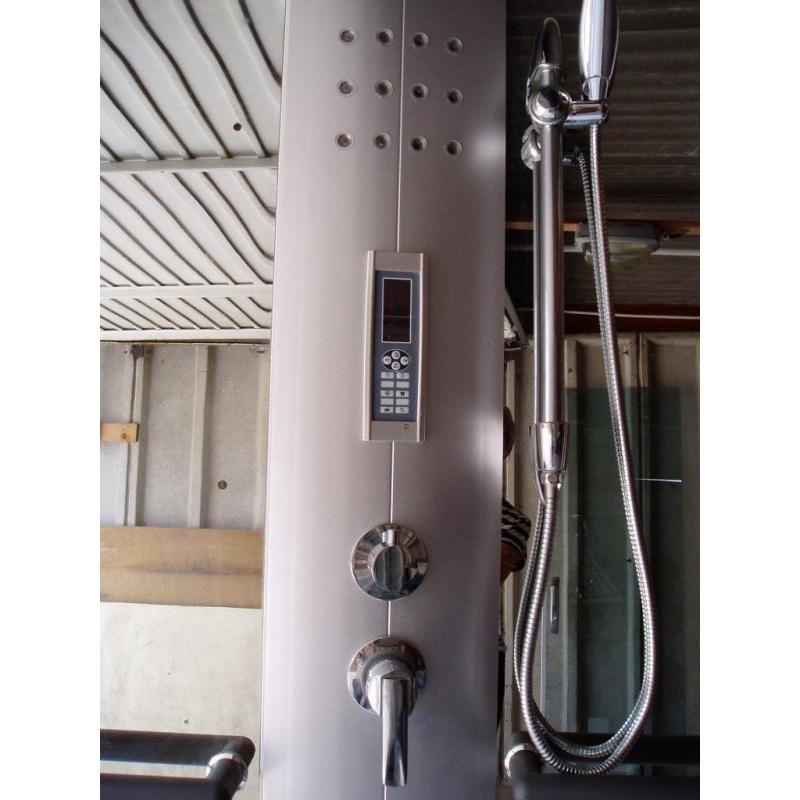 Shower cubicle enclosure with seat, LED lights, radio, shelves, safety grab rails