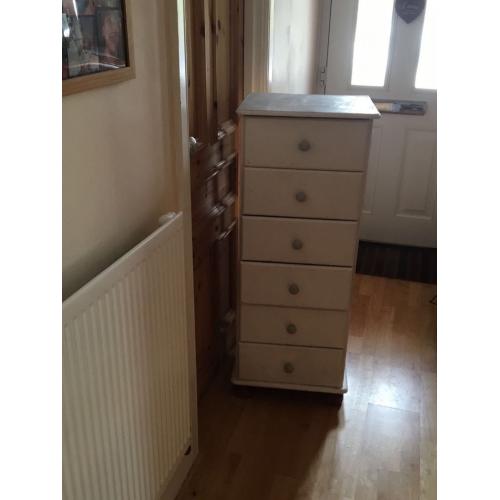 Shabby Chic, grey and white chalk painted 6 drawer solid pine chest of drawers