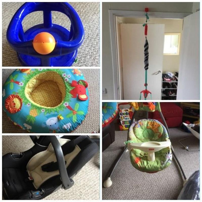 Bundle of baby equipment, swing, bouncer, bath seat ,carrier, donut, car seat