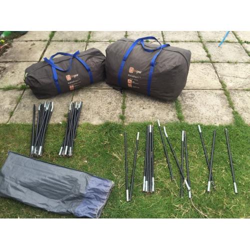 Hi Gear Kalahari 10 man tent used with no pegs and only 2 of the 5 running poles