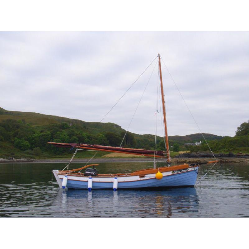 16 ft Northumbrian Coble: complete with trailer, sails, motor, camping canopy and inflatable..