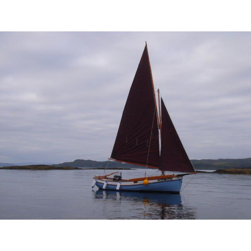 16 ft Northumbrian Coble: complete with trailer, sails, motor, camping canopy and inflatable..