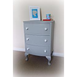 Painted grey vintage bowed chest of drawers white ceramic knobs by Whimsical Furnishings