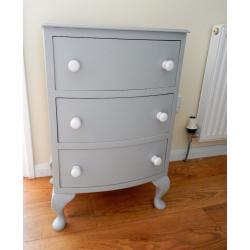 Painted grey vintage bowed chest of drawers white ceramic knobs by Whimsical Furnishings
