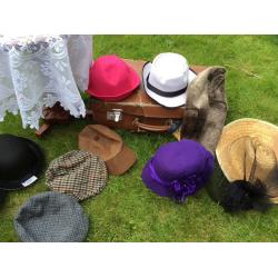 Vintage photo booth props, table, hats, suitcase, crochet tablecover, specs