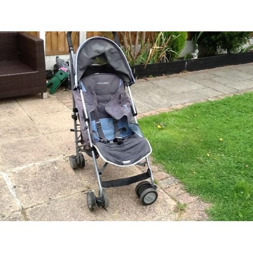 MACLAREN PUSHCHAIR / STROLLER BLUE & GREY WITH HOOD.