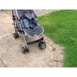 MACLAREN PUSHCHAIR / STROLLER BLUE & GREY WITH HOOD.