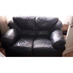 2 & 3 seater navy leather settee.