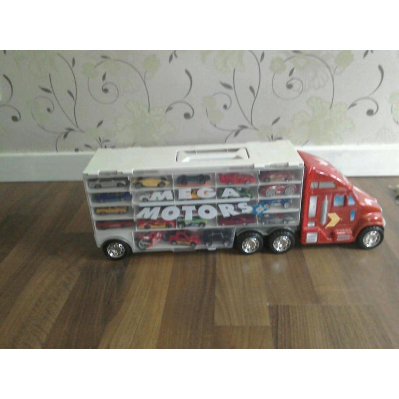 Car carrier truck with 45 toy cars