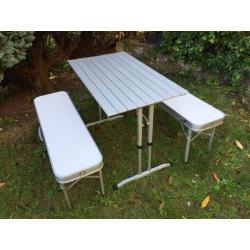 Camping foldaway table, 2 burner stove, electric hookup and 4 folding chairs