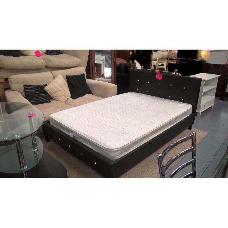 black leather style diamonte double bed