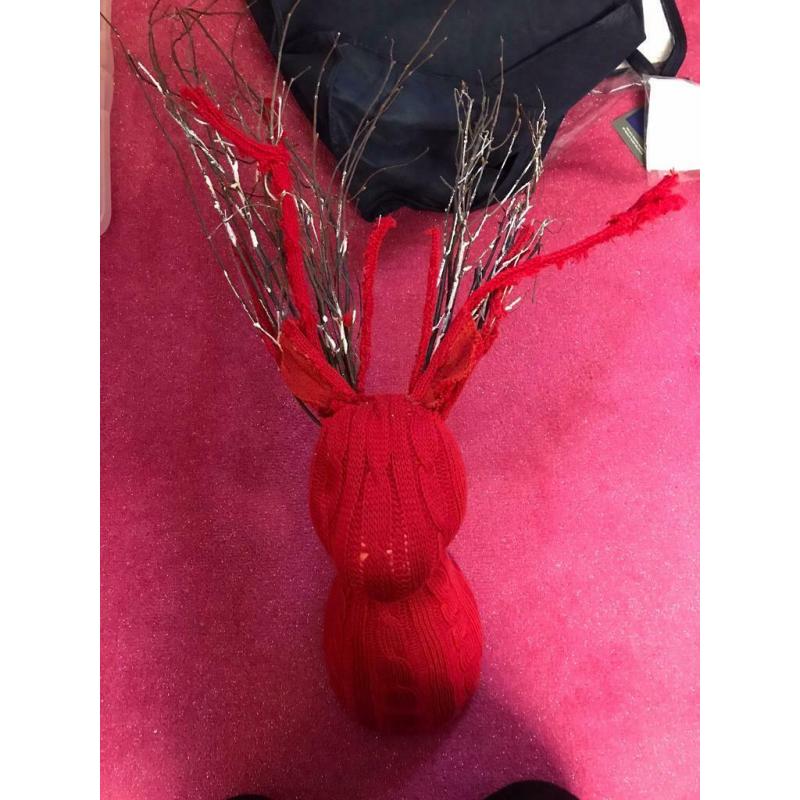 Red knitted stag reindeer head for wall