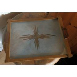 Art Deco Frosted Glass Serving Tray Wooden Frame & Handles
