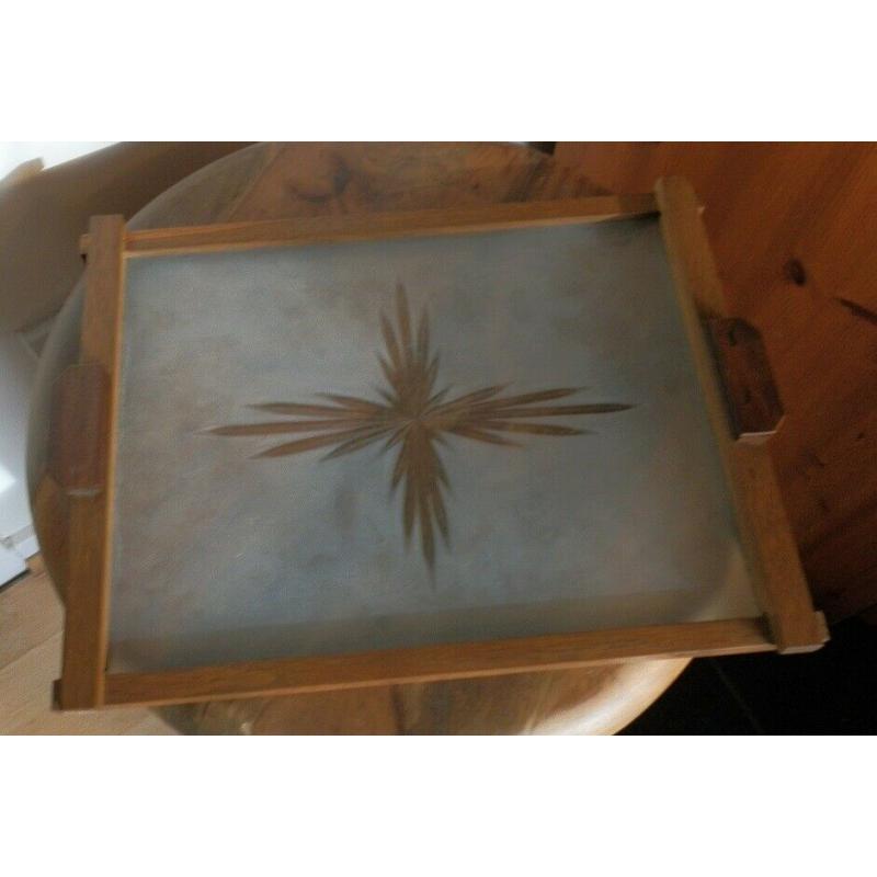 Art Deco Frosted Glass Serving Tray Wooden Frame & Handles
